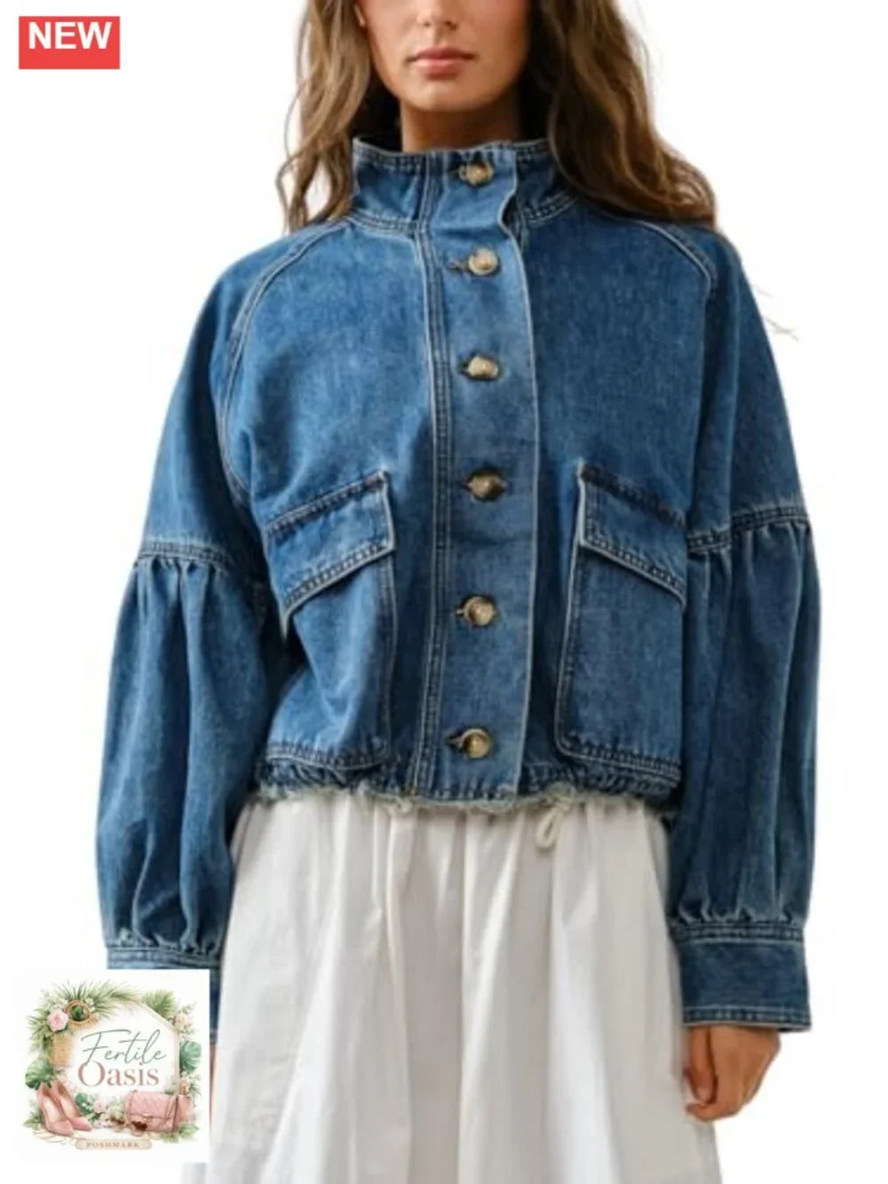 Womens Denim Bomber Jacket Balloon Sleeve Twill Coat Drawstring Waist with